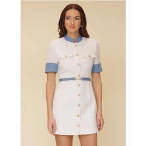 Avec Les Filles Contrast Denim Tweed Mini Dress Ivory Size 4 NWT